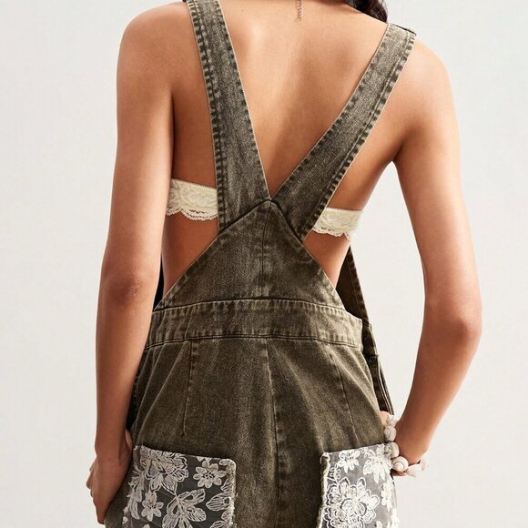 Army Green Casual Womens Boho Woven Loose Washed Patchwork & Lace overalls pants - Picture 6 of 8